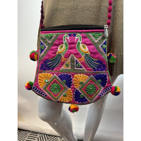 Handmade Embroidered Boho Crossbody Bag With Peacock Design & Multicolor Strap - Picture 15 of 16
